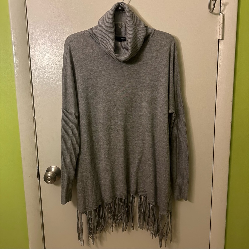 Aqua Heather Gray Turtleneck Sweater with Fringe
